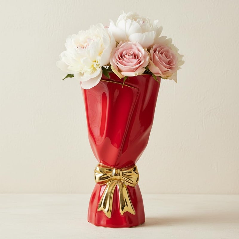 WLGRANJIA Red and Gold Bow Ceramic Vase - Flower Vases for Home Decor, Bow Decor, Boho Style, 9.65 Inch Flower Vases for Bouquet, Large Vase for Ideal Shelf Decor/Table (Red and Gold, Large) - Image 1